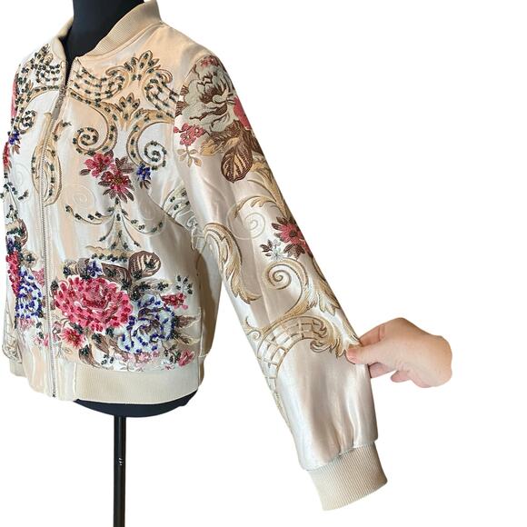 OO LALA Satin Floral Embroidered Bomber Jacket Beaded Medium Statement - Picture 5 of 10